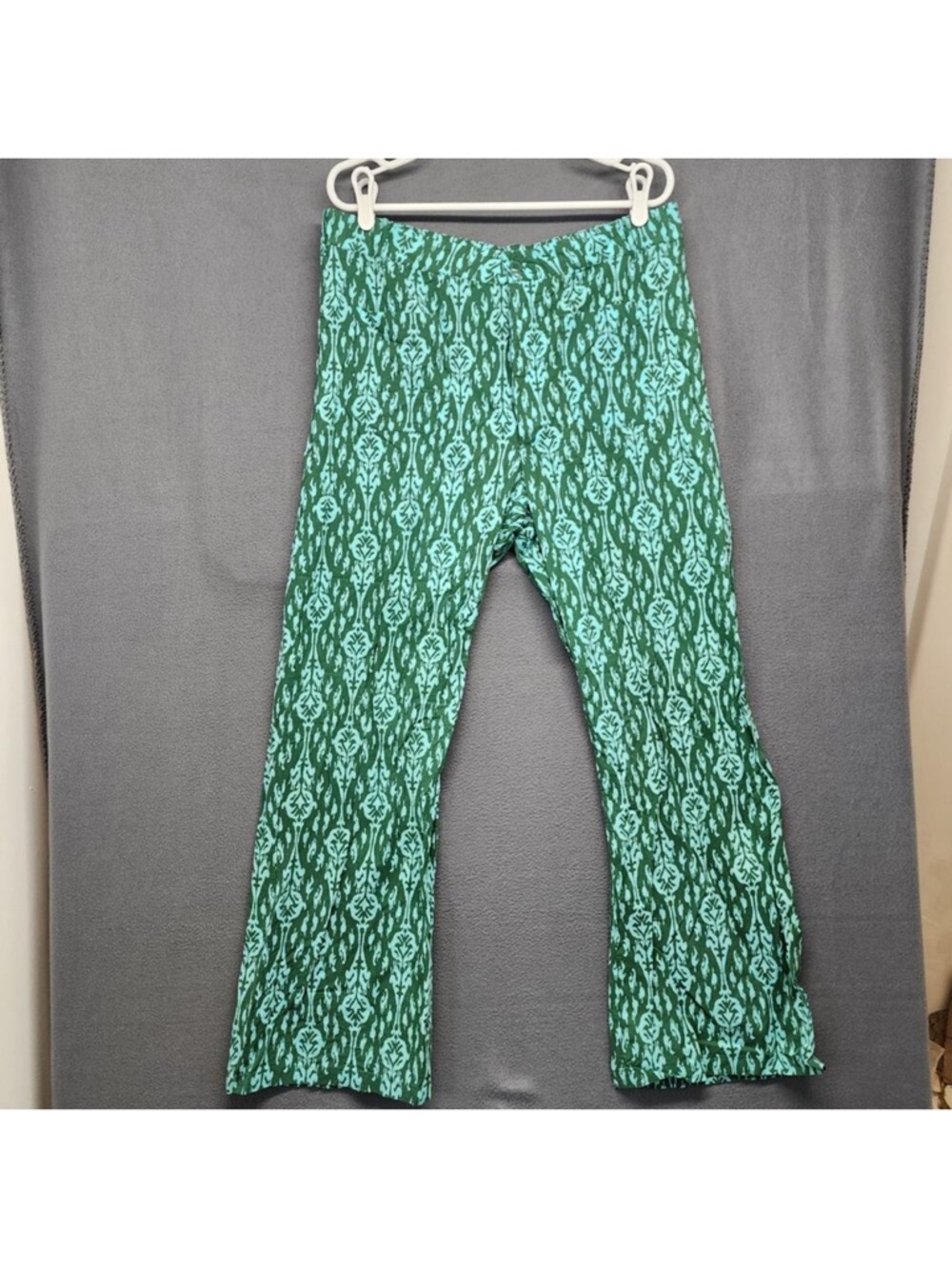 Zara Pants Womens XXL Green Abstract Lightweight Button Front 100% Cotton